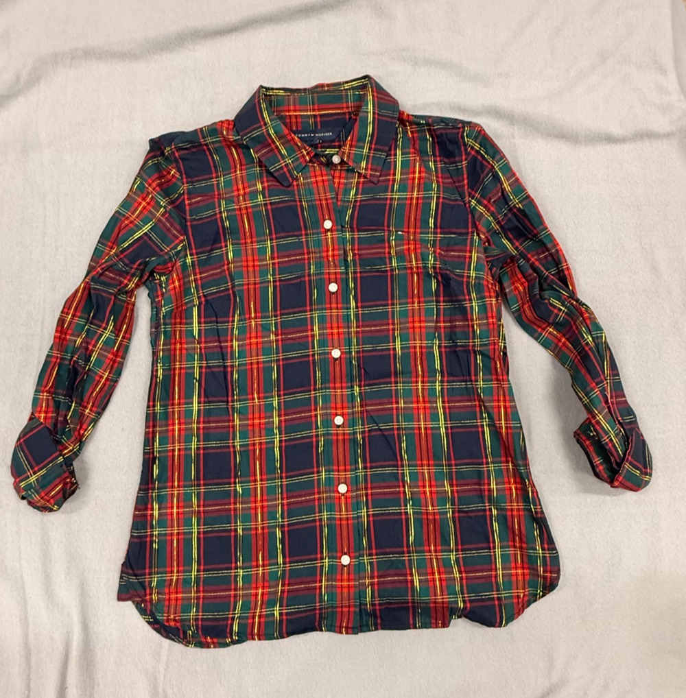 Tommy Hilfiger Heritage Shirt Women Small Multi Plaid Roll Tab Sleeve Preppy NWT